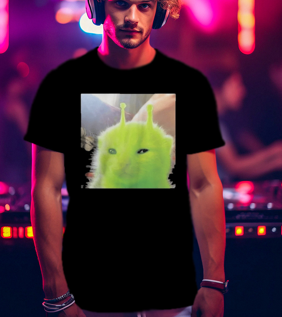 Glorp Alien Cat Winking Whimsical Green Feline With Antennae T-Shirt