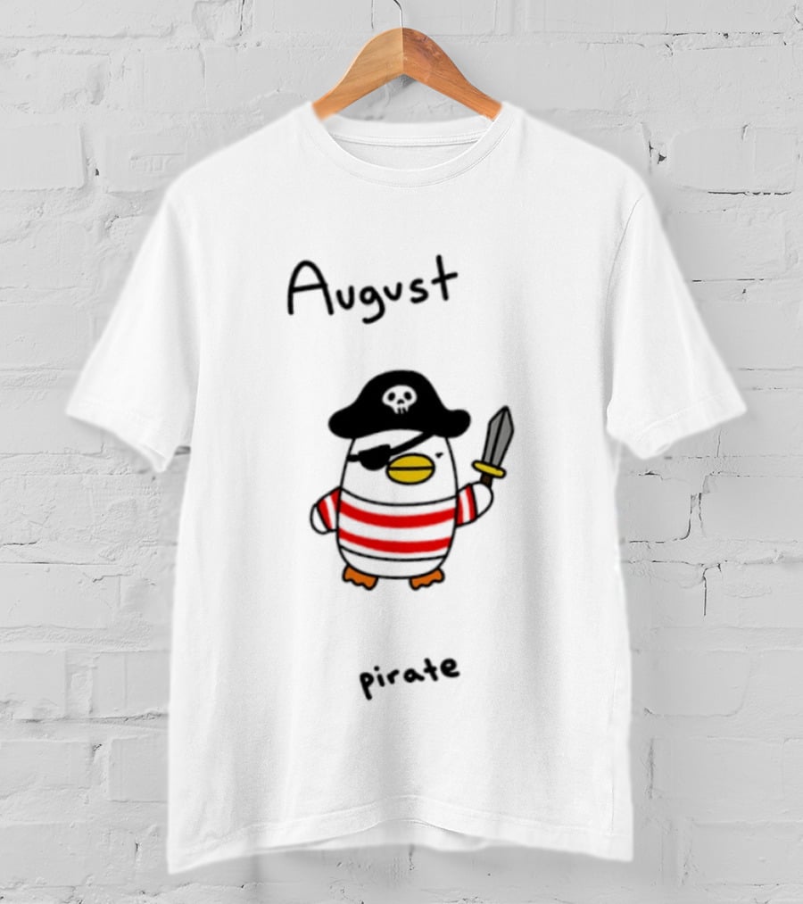 August Pirate Penguin Cartoon Striped Eyepatch Sword T-Shirt