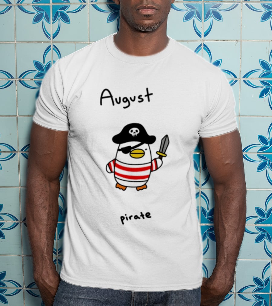 August Pirate Penguin Cartoon Striped Eyepatch Sword T-Shirt
