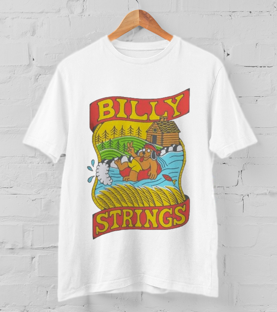 Billy Strings Tubing Bear Cabin Scene With Trees And Fish T-Shirt