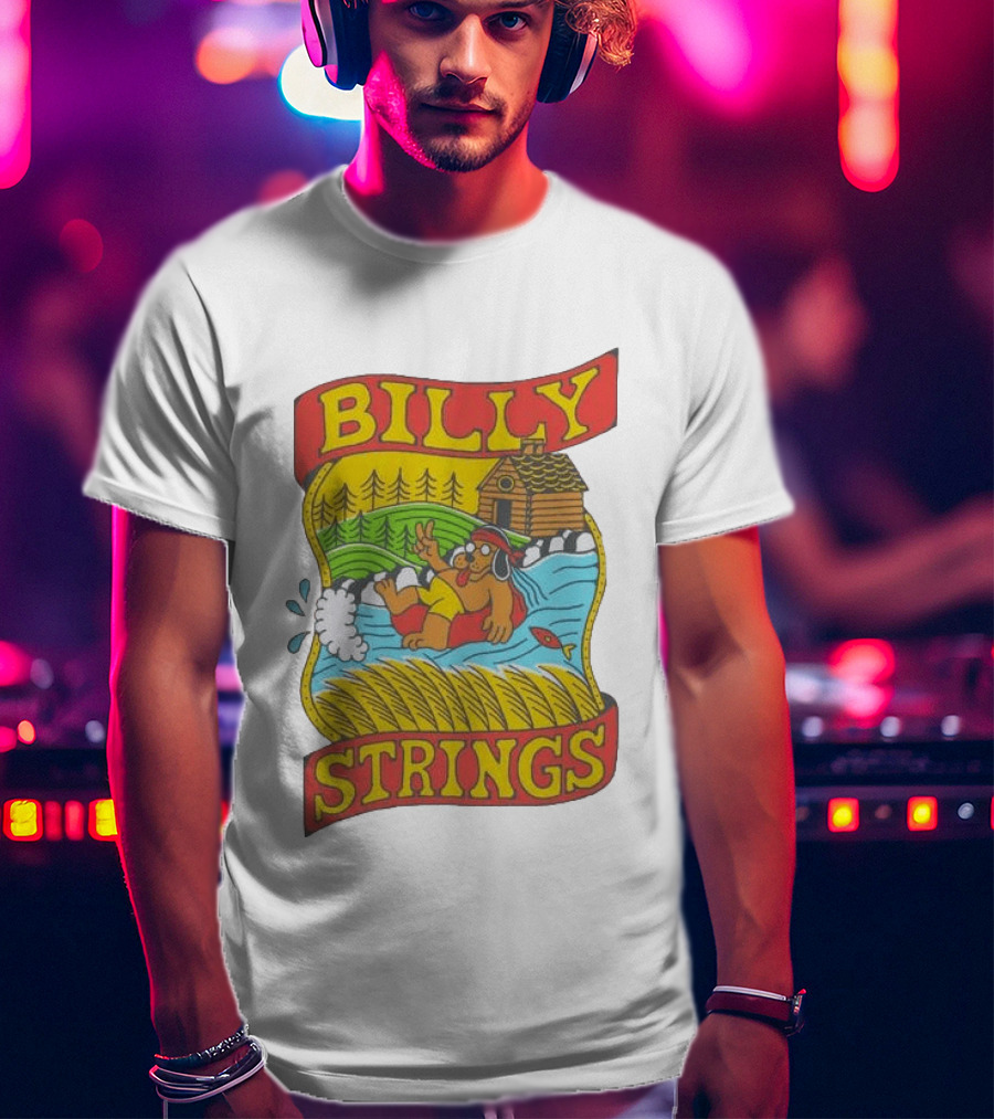 Billy Strings Tubing Bear Cabin Scene With Trees And Fish T-Shirt