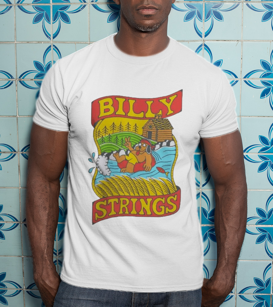 Billy Strings Tubing Bear Cabin Scene With Trees And Fish T-Shirt
