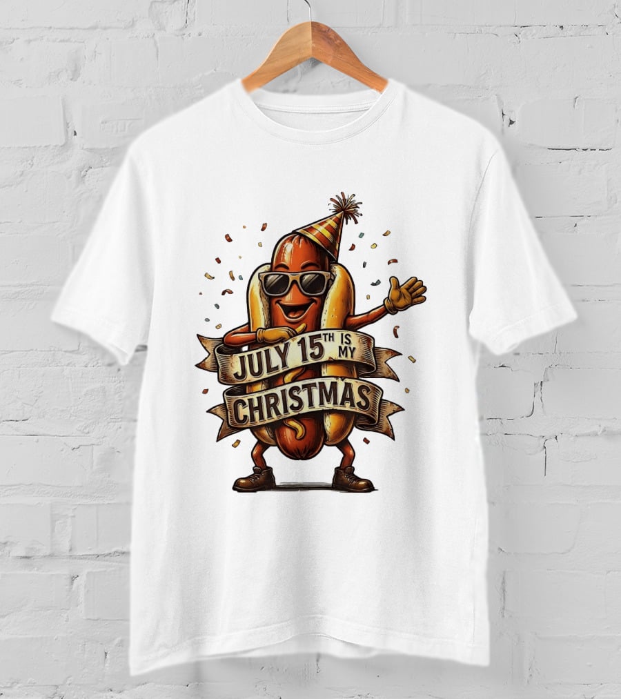 Hot Dog Wearing Sunglasses And Party Hat July 15th Is My Christmas T-Shirt