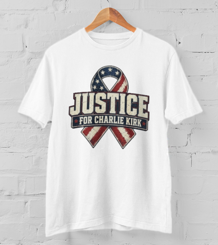 Justice For Charlie Kirk Distressed American Flag Ribbon T-Shirt