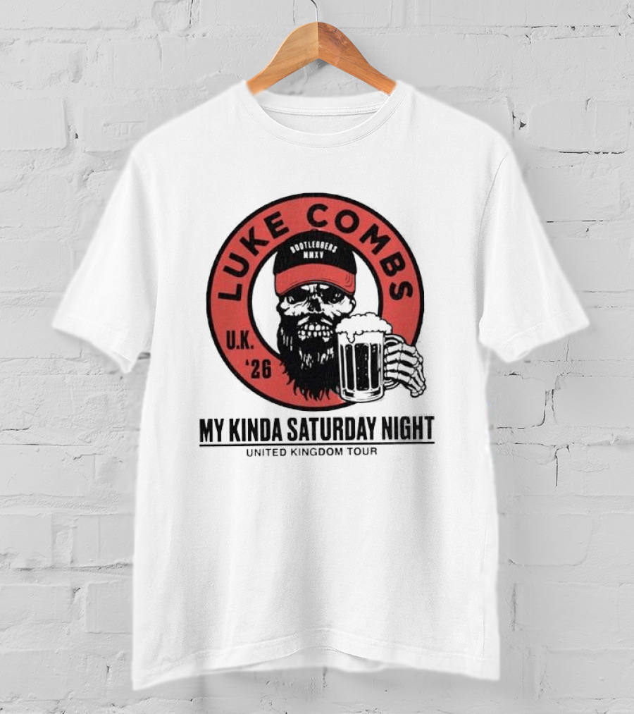 Luke Combs My Kinda Saturday Night UK Tour 2026 Pop Up Skeleton Holding Beer T-Shirt