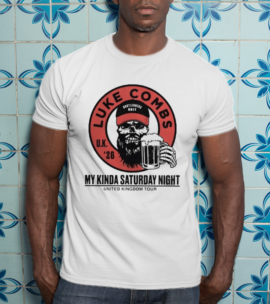 Luke Combs My Kinda Saturday Night UK Tour 2026 Pop Up Skeleton Holding Beer T-Shirt