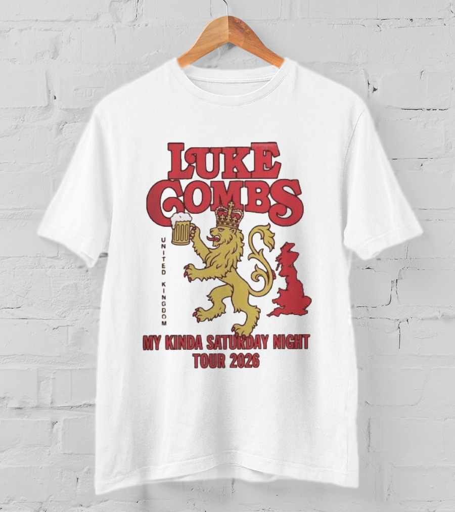 Luke Combs United Kingdom My Kinda Saturday Night Tour 2026 Lion Holding Beer T-Shirt