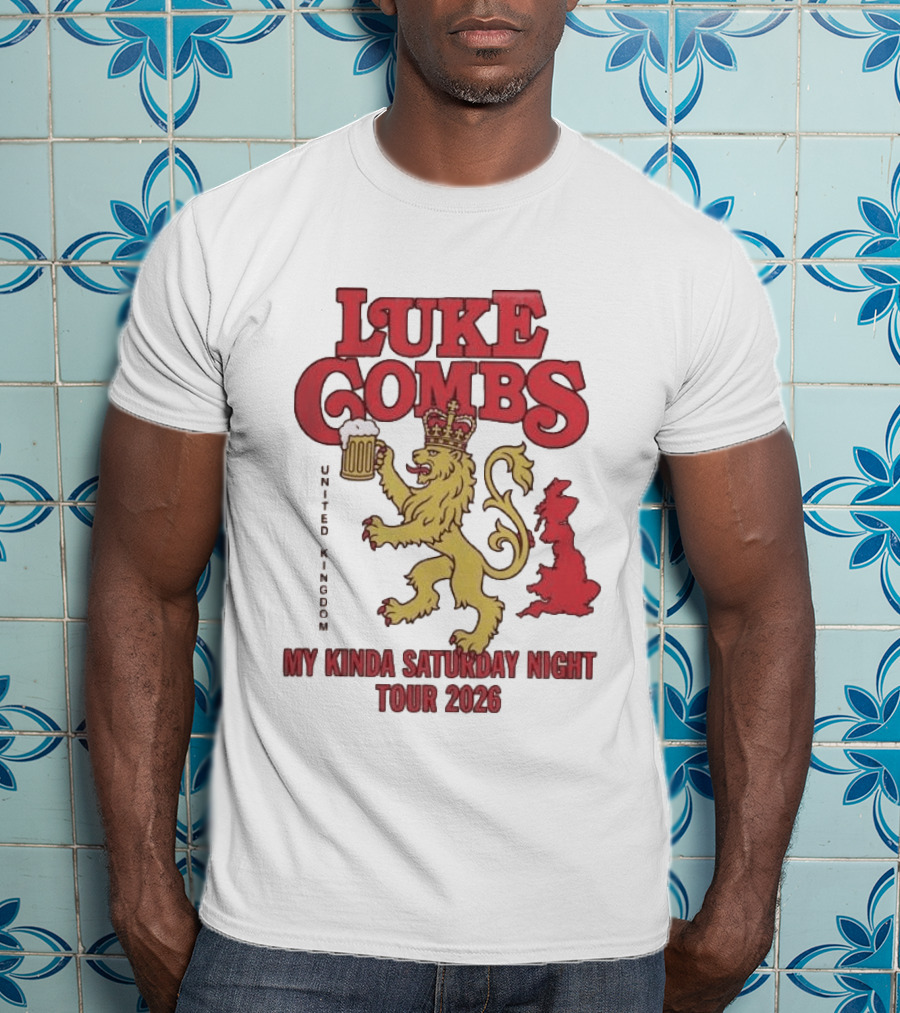 Luke Combs United Kingdom My Kinda Saturday Night Tour 2026 Lion Holding Beer T-Shirt