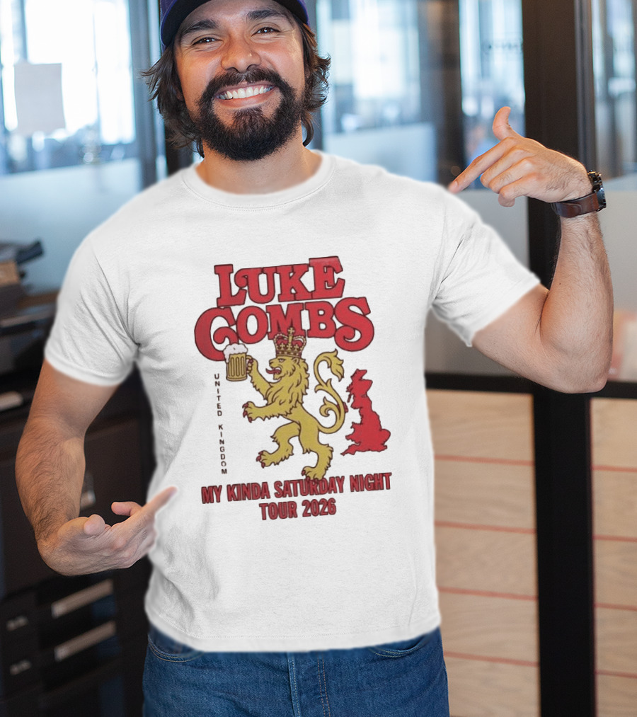 Luke Combs United Kingdom My Kinda Saturday Night Tour 2026 Lion Holding Beer T-Shirt