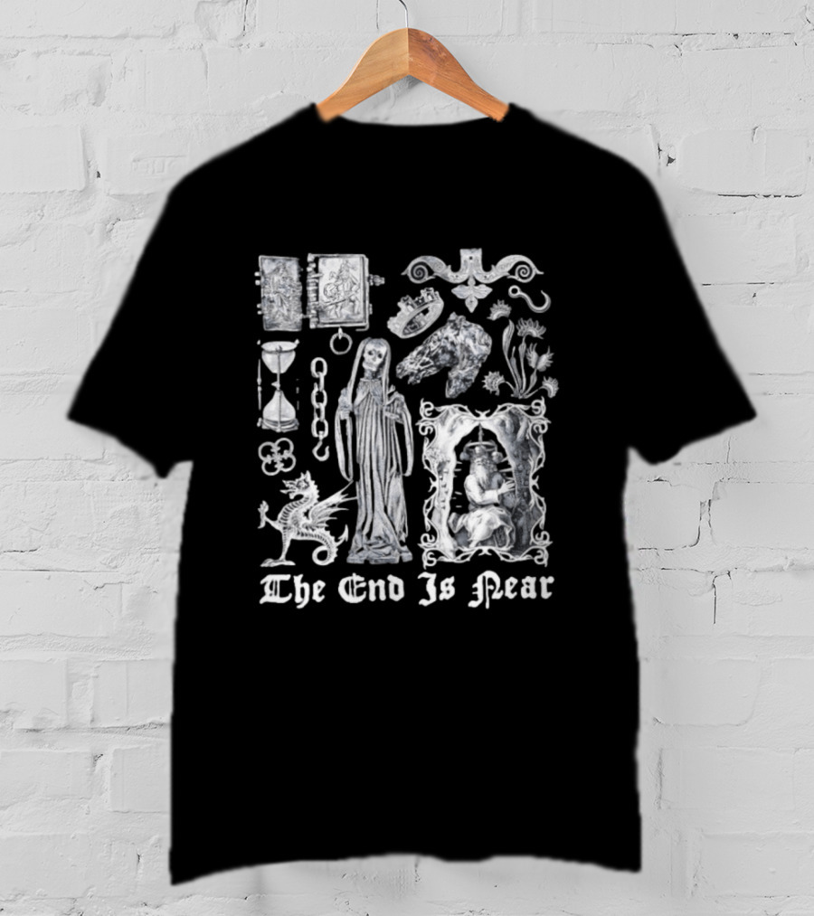 The End Is Near Gothic Occult Dark Medieval Symbols Skeleton Dragon Hourglass T-Shirt