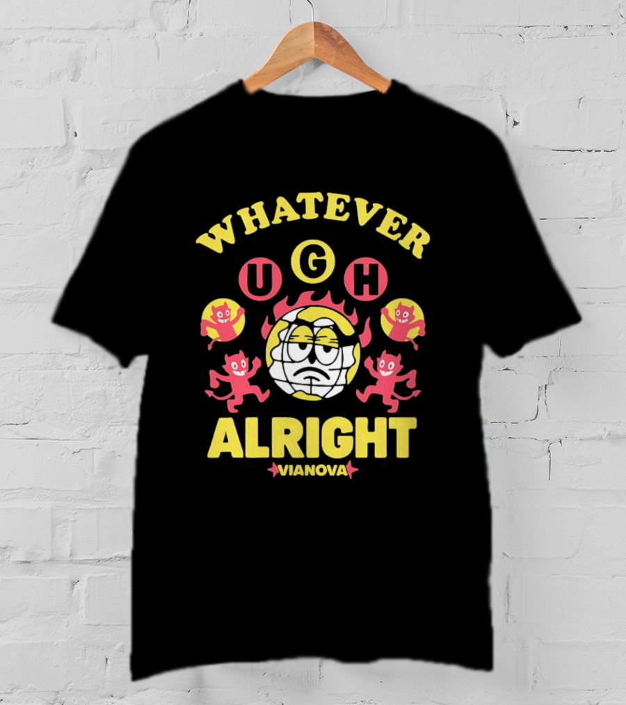 Vianova Whatever Ugh Alright Grumpy Globe Face Red Devils Cartoon T-Shirt