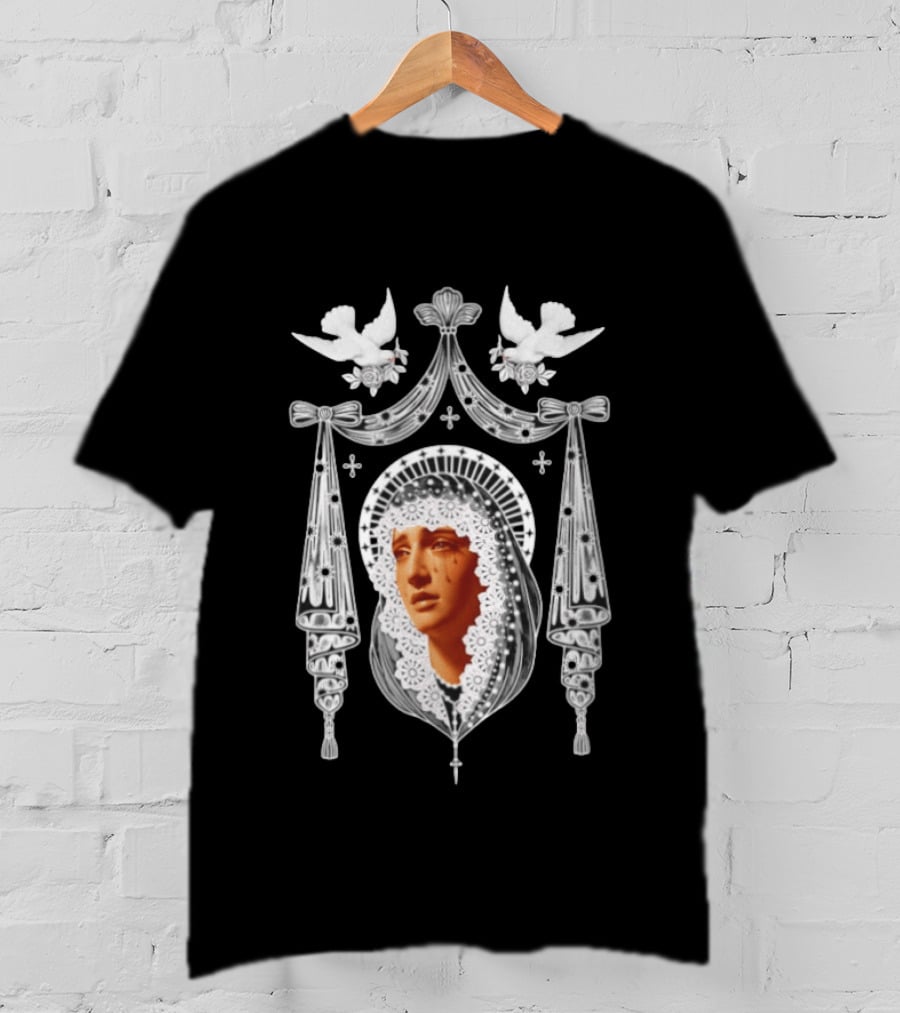 Weeping Virgin Mary Gothic Icon With Doves And Ornate Silver Details T-Shirt