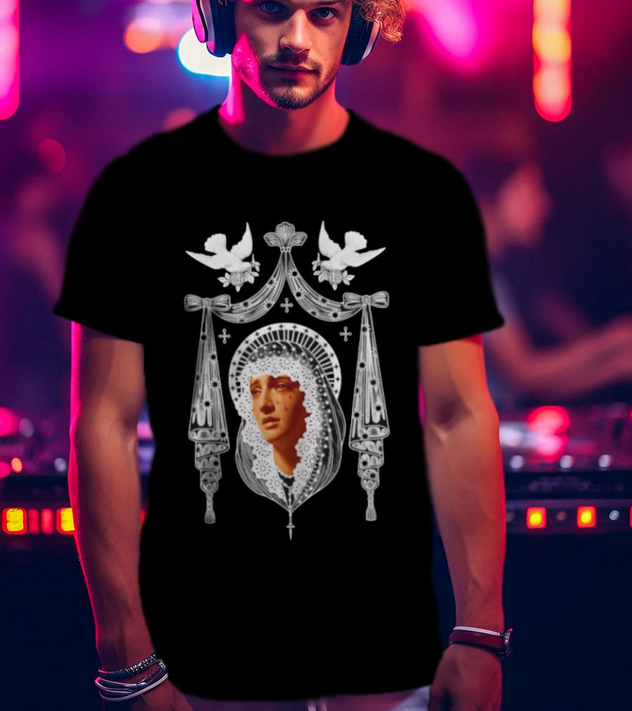 Weeping Virgin Mary Gothic Icon With Doves And Ornate Silver Details T-Shirt