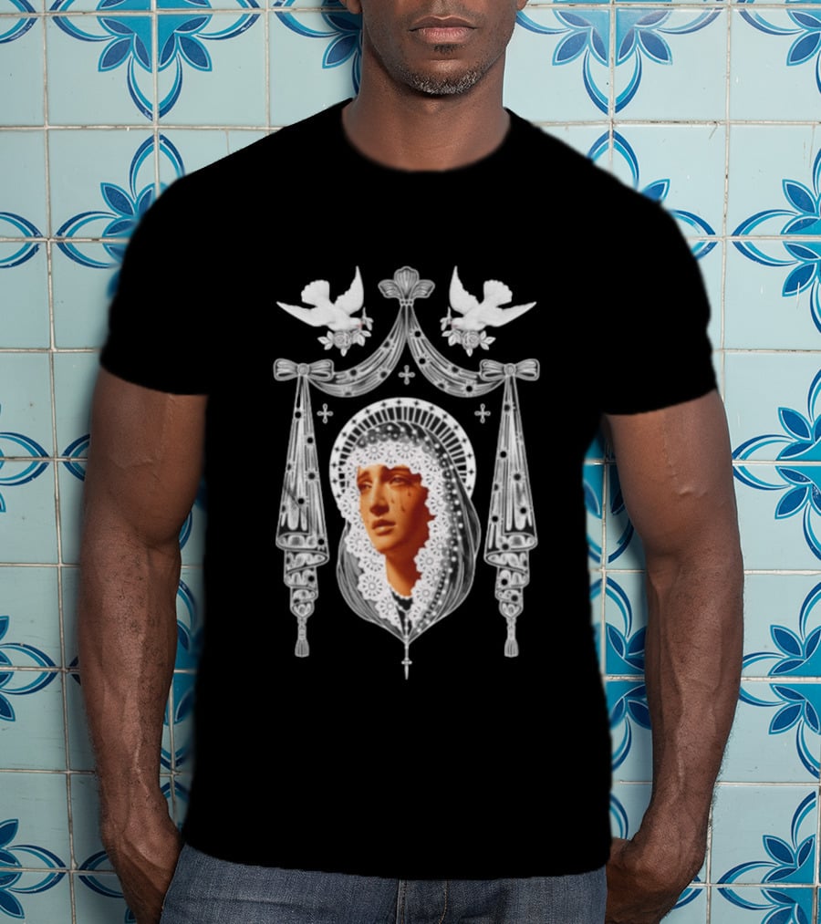 Weeping Virgin Mary Gothic Icon With Doves And Ornate Silver Details T-Shirt