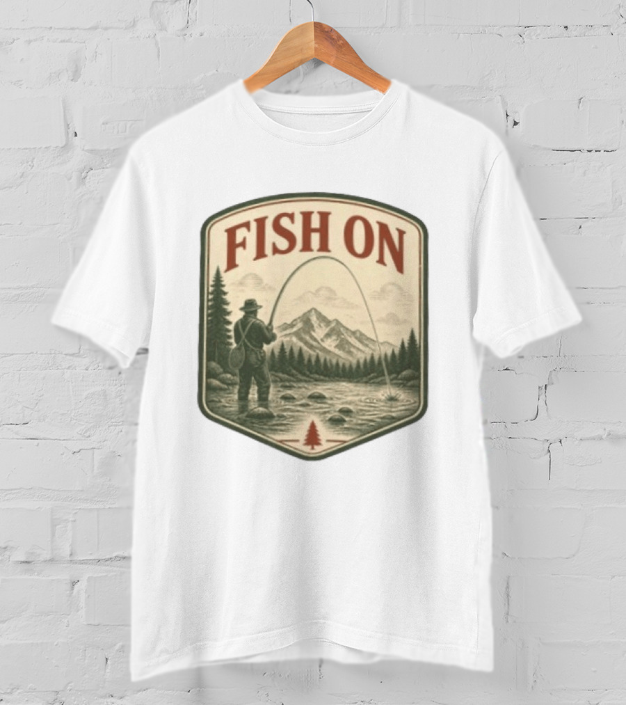 Fish On Fly Fishing Fisherman Mountain Landscape Adventure T-Shirt