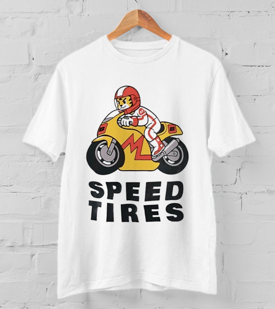 Speed Tires Tiger Motorcycle Racing Biker Rider On Yellow Bike T-Shirt
