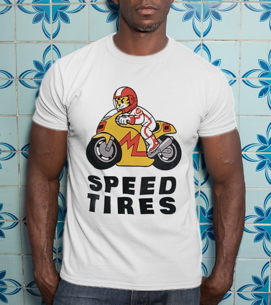 Speed Tires Tiger Motorcycle Racing Biker Rider On Yellow Bike T-Shirt