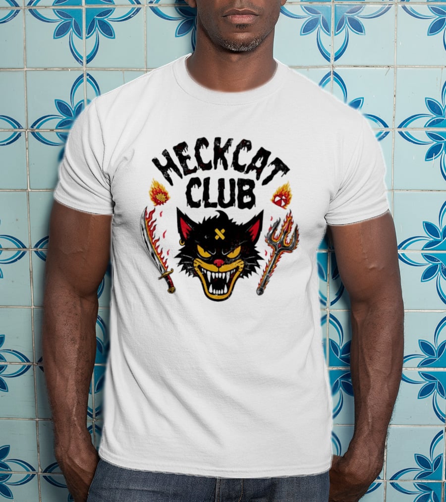 Heckcat Club Black Cat Sword Trident Flames T-Shirt