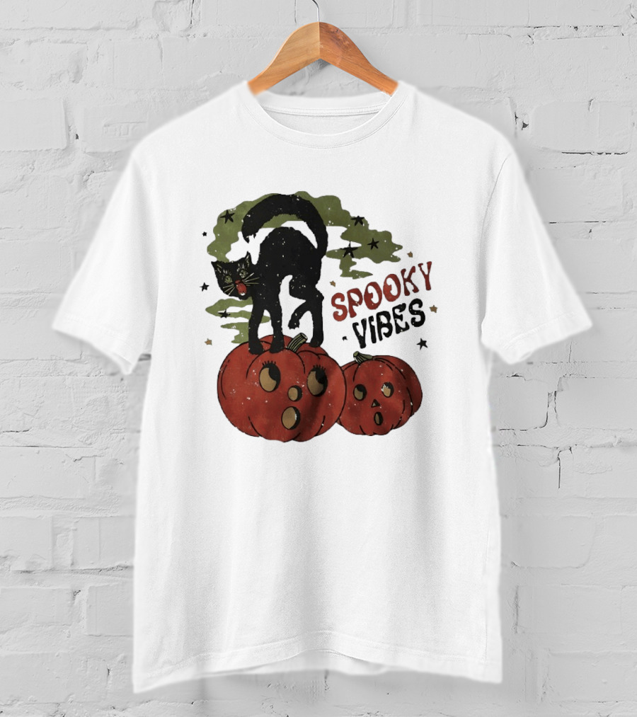 Spooky Vibes Black Cat Pumpkins Halloween Cartoon Stars T-Shirt