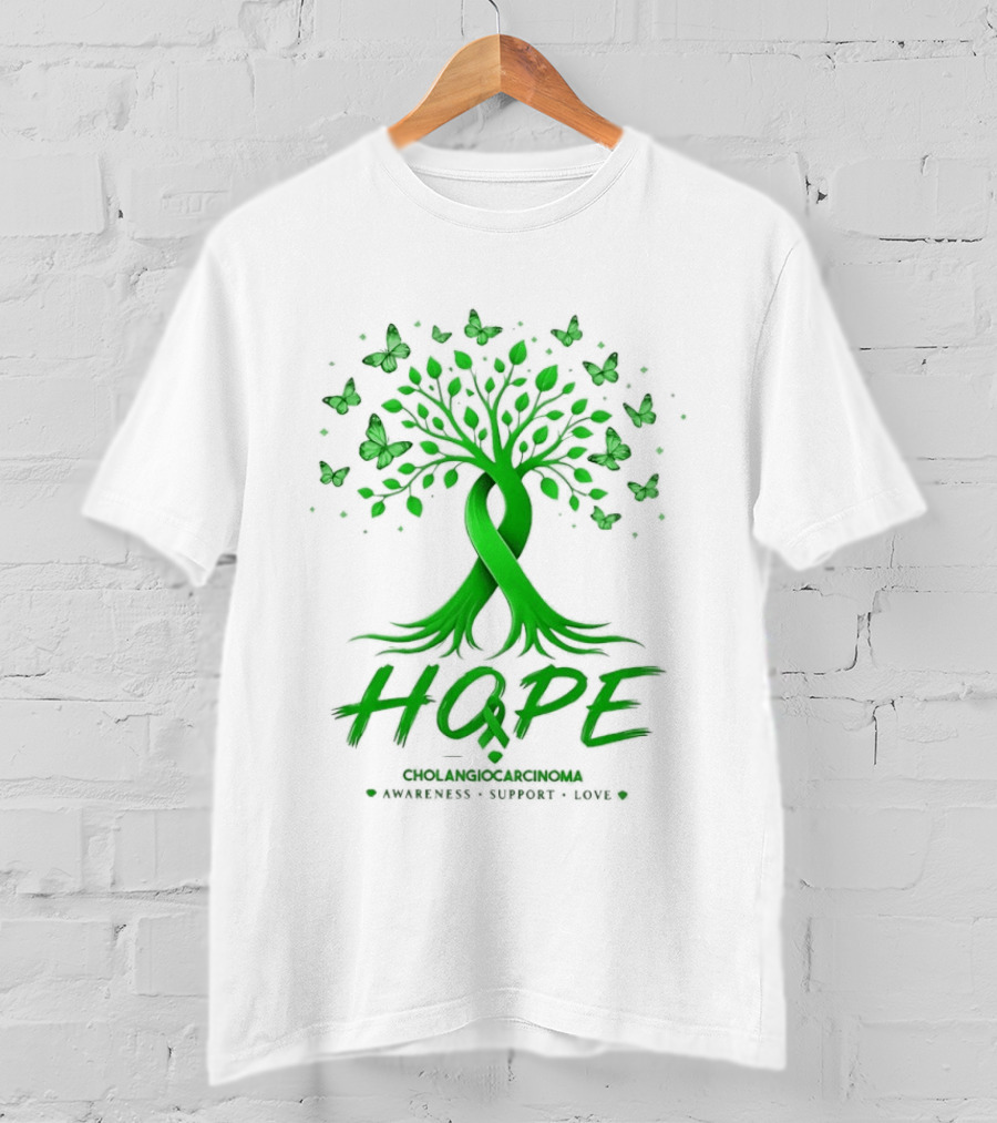 Hope Tree With Butterflies Cholangiocarcinoma Awareness Support Love Ribbon T-Shirt
