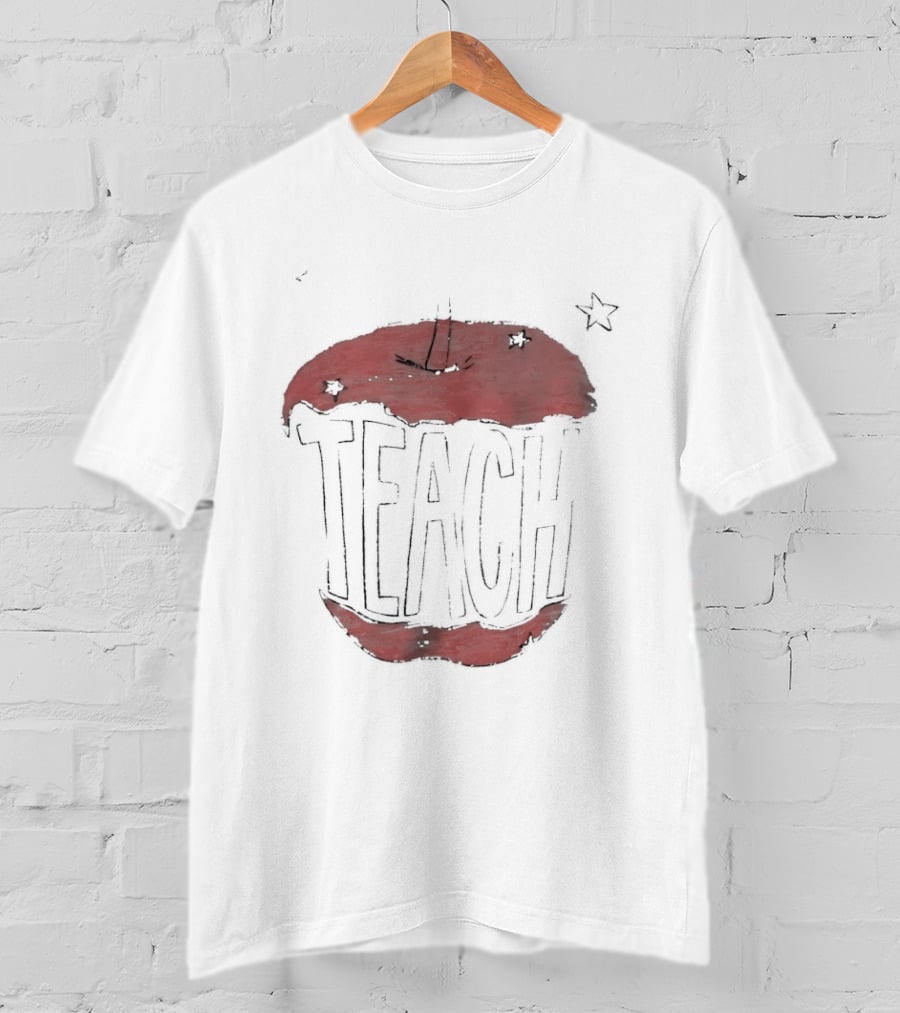 Teach Apple Bitten Cartoon Text Stars T-Shirt