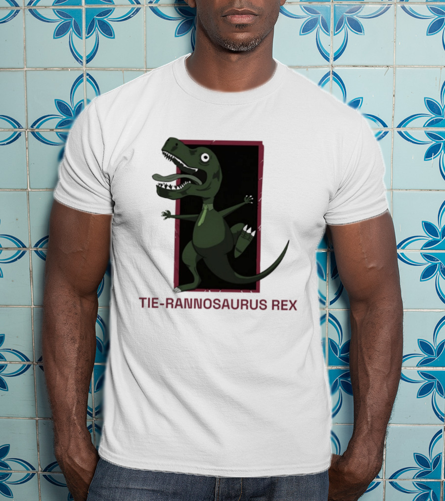 TIE RANNOSAURUS REX Dinosaur Humor Pun With Green Tie T-Shirt
