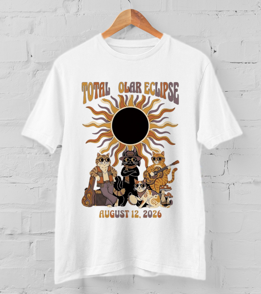 Total Solar Eclipse August 12 2026 Cats Band With Instruments And Sunglasses T-Shirt