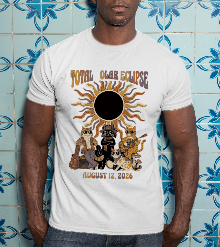Total Solar Eclipse August 12 2026 Cats Band With Instruments And Sunglasses T-Shirt