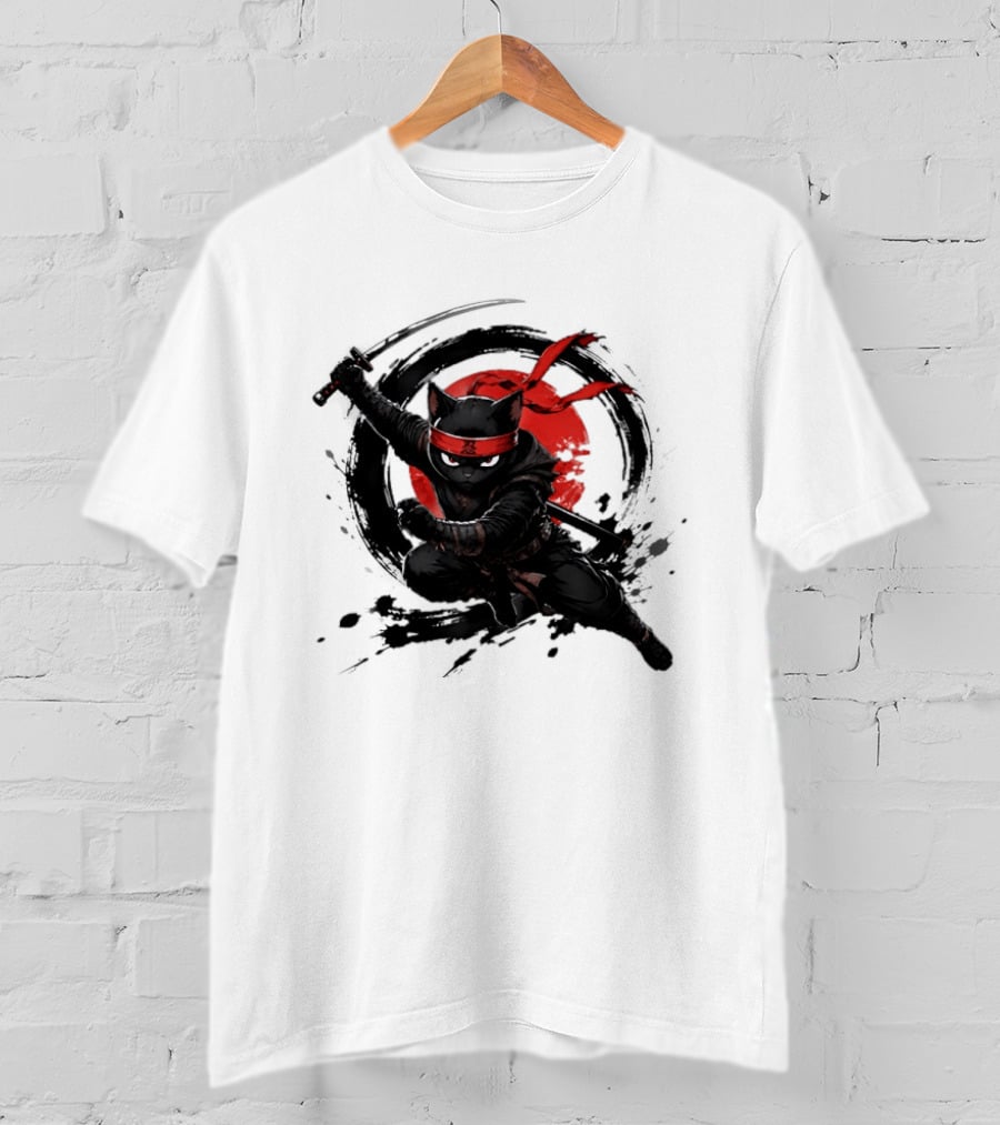 Ninja Cat Katana Warrior Red Rising Sun T-Shirt