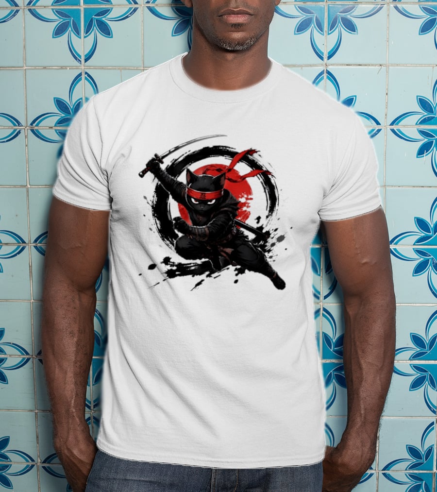 Ninja Cat Katana Warrior Red Rising Sun T-Shirt