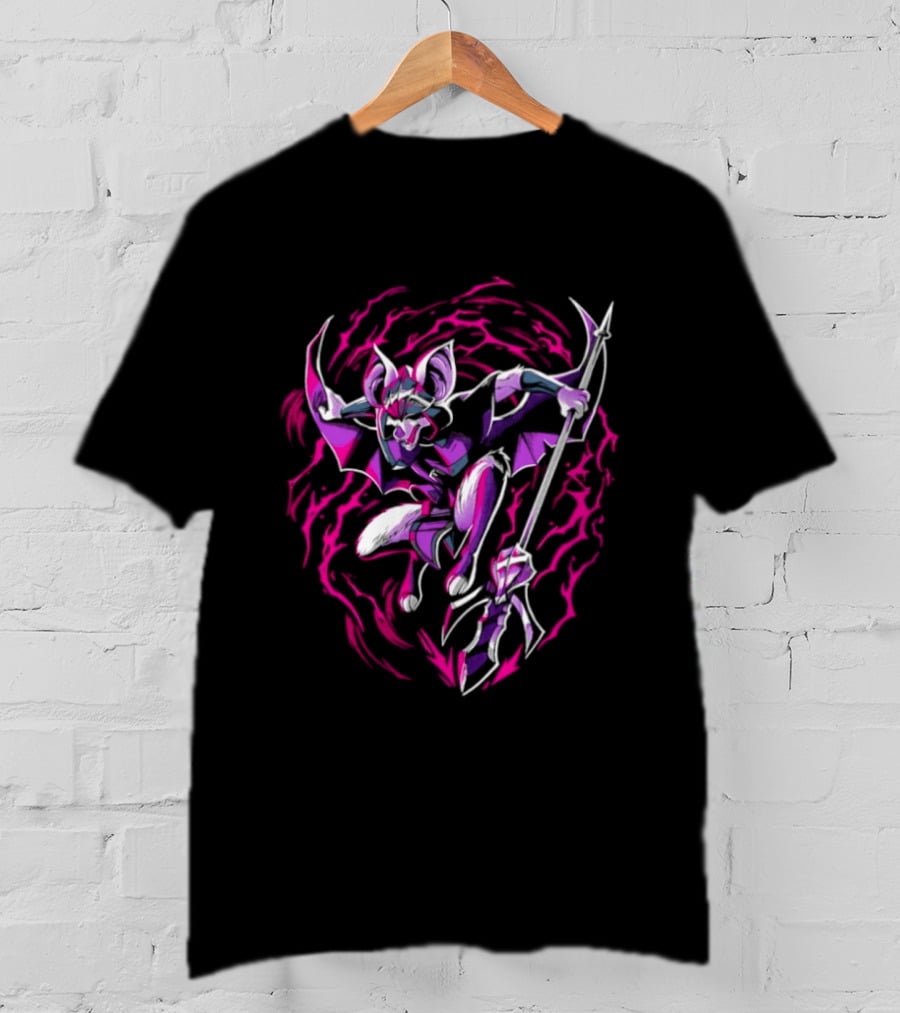 Thorne Bat Warrior With Spear Fantasy Purple Pink Swirl T-Shirt