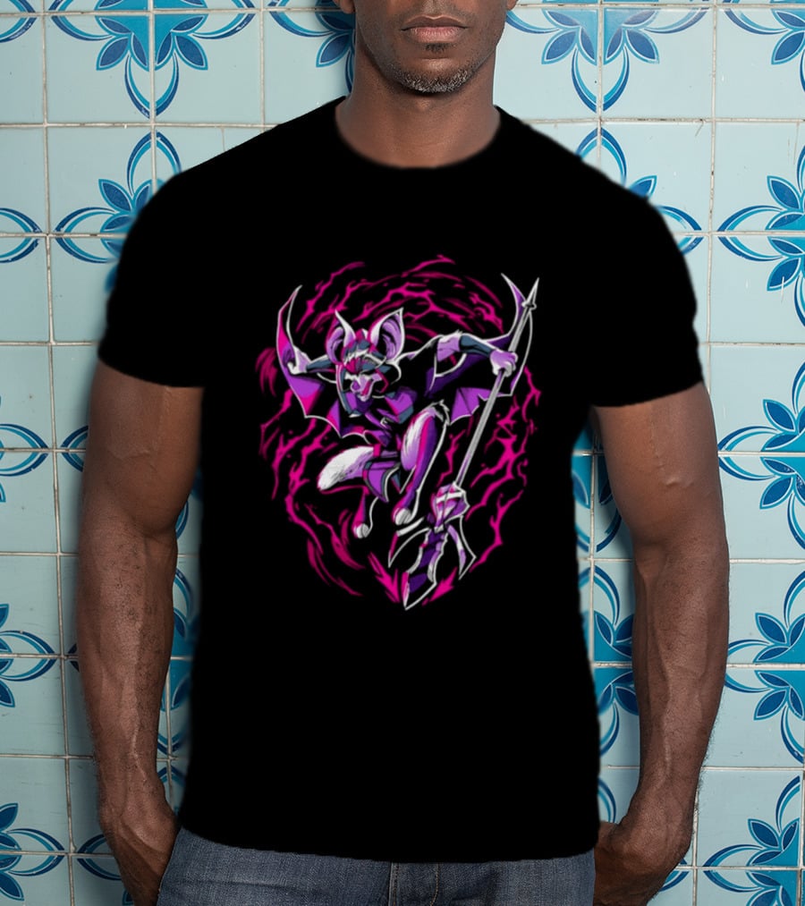 Thorne Bat Warrior With Spear Fantasy Purple Pink Swirl T-Shirt