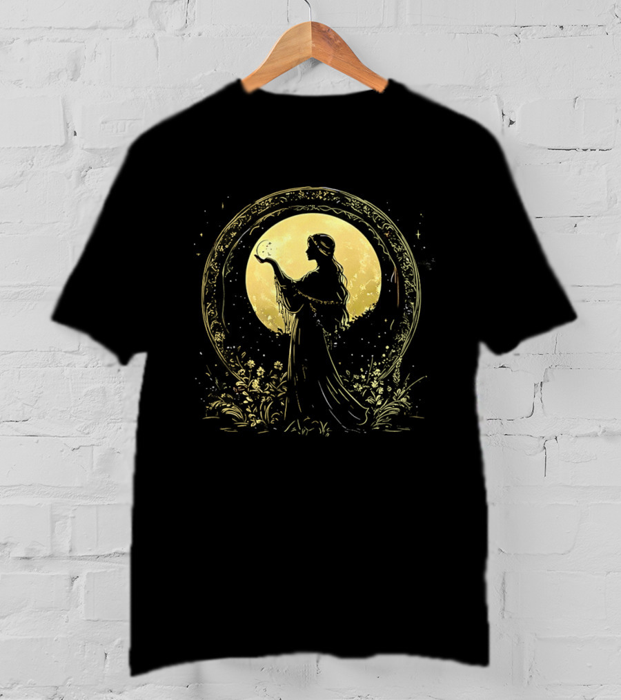 Woman Holding Moon Crescent Celestial Golden Lunar T-Shirt