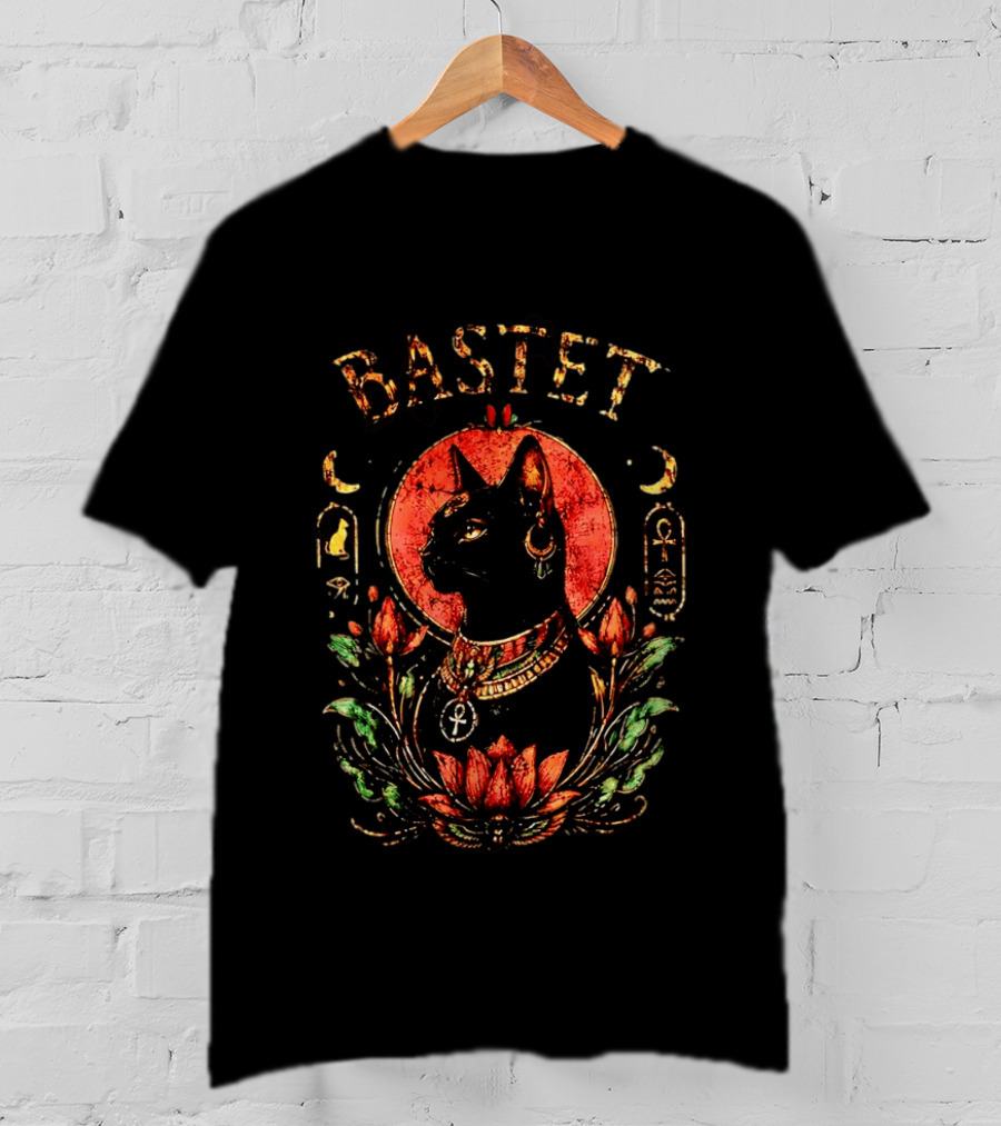Bastet Cat Goddess Egyptian Symbolism With Ankh And Lotus T-Shirt