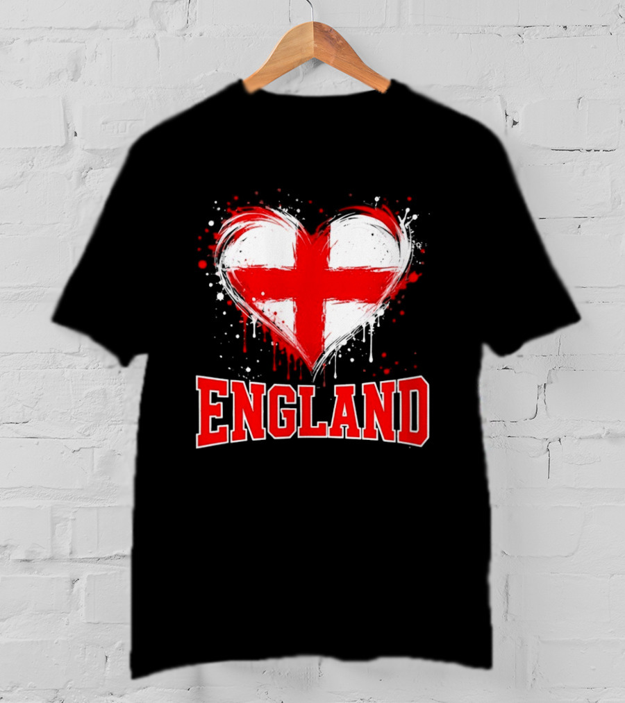 England Heart Flag Paint Splatter Red And White Cross T-Shirt