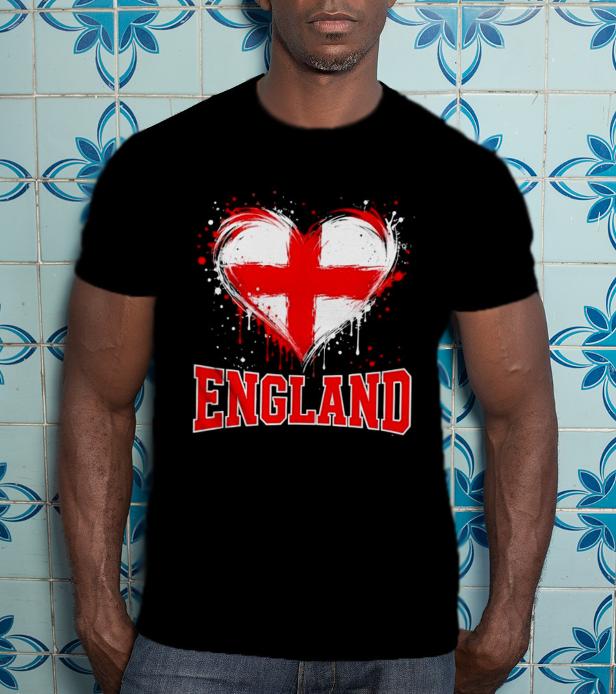 England Heart Flag Paint Splatter Red And White Cross T-Shirt