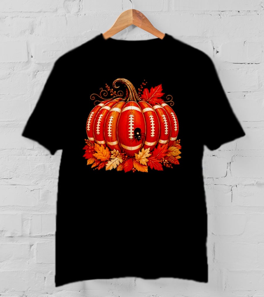 Football Pumpkin Spider Autumn Leaves Thanksgiving Decor T-Shirt
