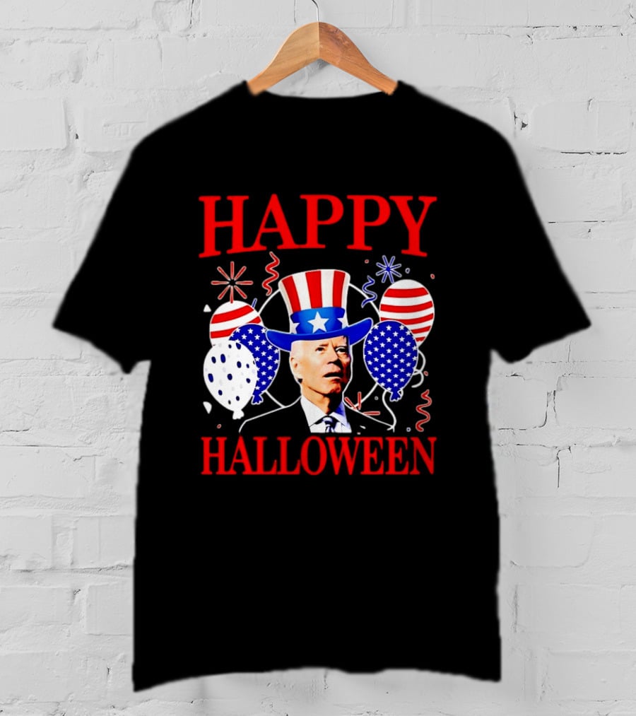 Happy Halloween Biden Uncle Sam Hat American Flag Balloons T-Shirt