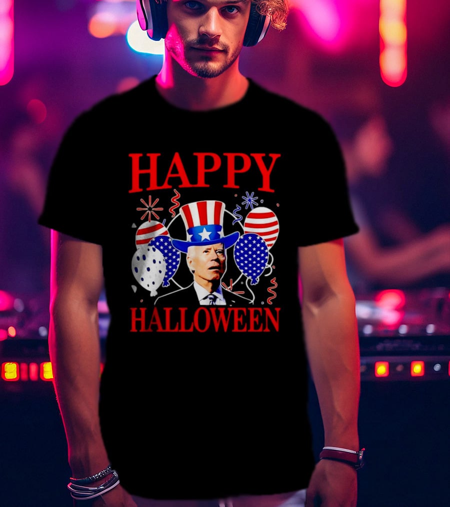 Happy Halloween Biden Uncle Sam Hat American Flag Balloons T-Shirt