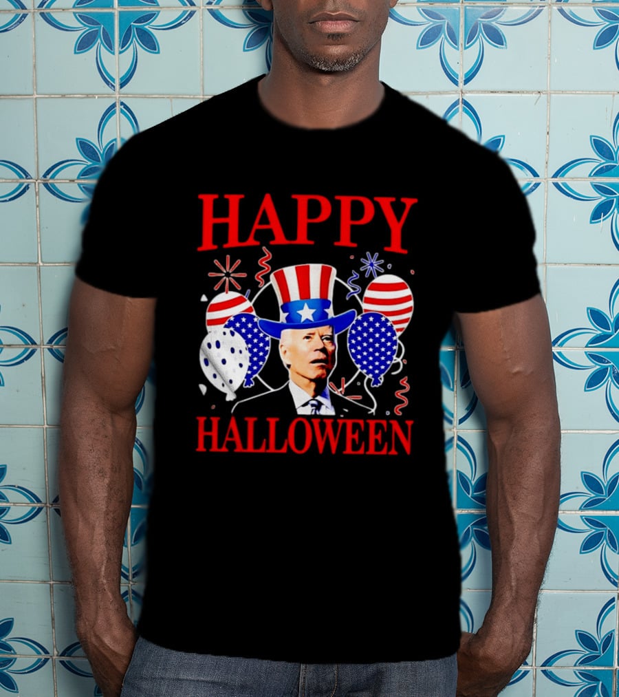Happy Halloween Biden Uncle Sam Hat American Flag Balloons T-Shirt