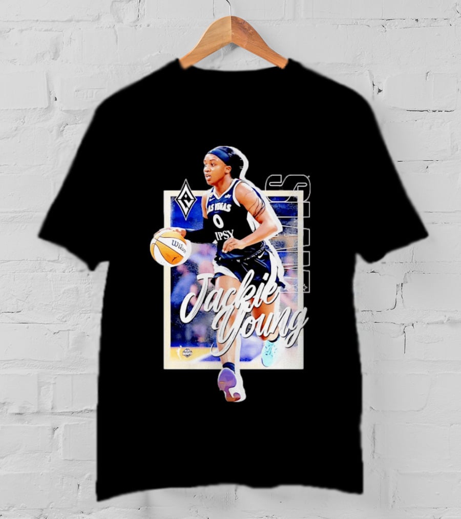 Jackie Young Las Vegas Aces Number 0 Dribbling Action With Wilson Basketball And Lids Headband T-Shirt