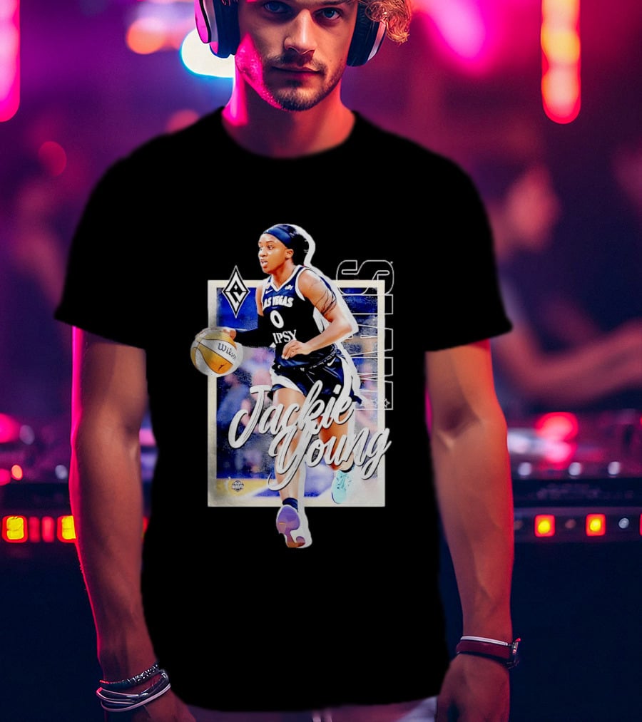 Jackie Young Las Vegas Aces Number 0 Dribbling Action With Wilson Basketball And Lids Headband T-Shirt