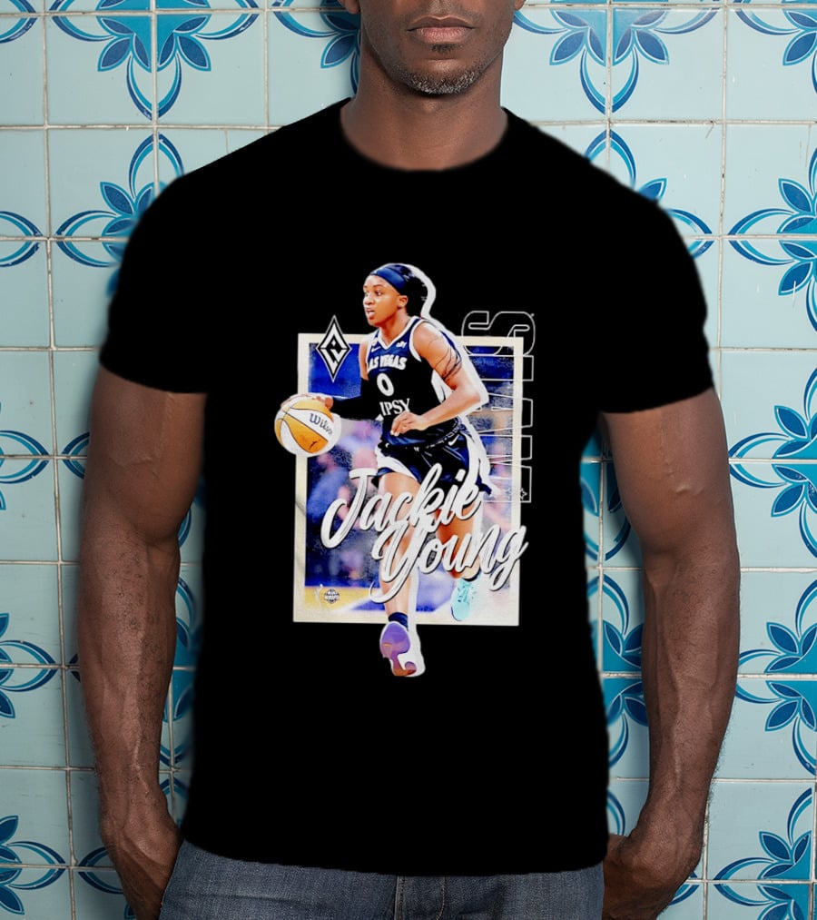 Jackie Young Las Vegas Aces Number 0 Dribbling Action With Wilson Basketball And Lids Headband T-Shirt