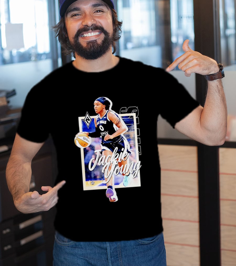 Jackie Young Las Vegas Aces Number 0 Dribbling Action With Wilson Basketball And Lids Headband T-Shirt