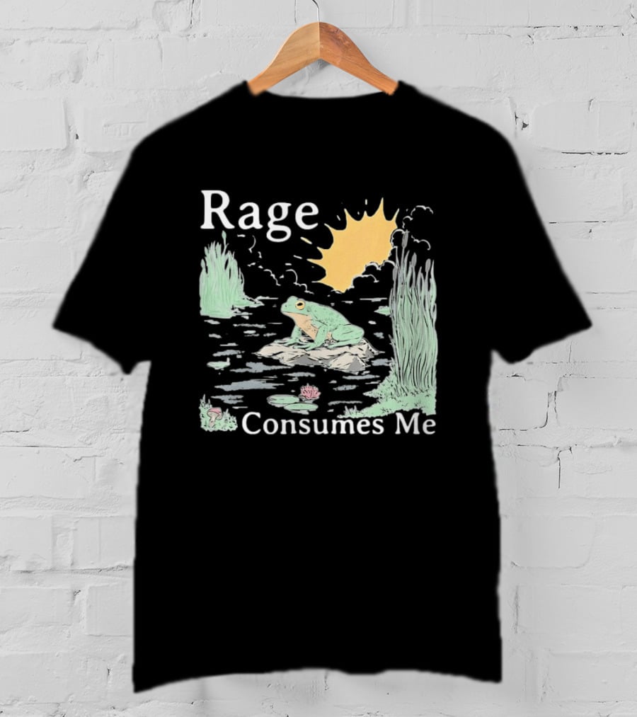 Rage Consumes Me Frog On Rock With Sunburst And Pond Scene T-Shirt