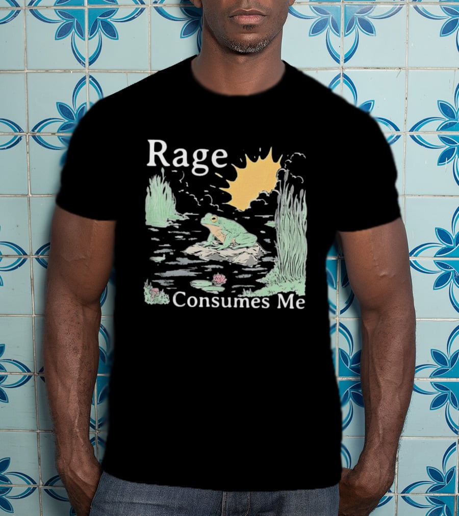 Rage Consumes Me Frog On Rock With Sunburst And Pond Scene T-Shirt