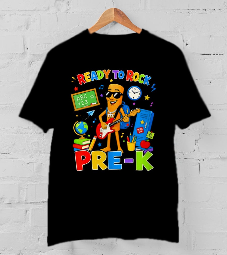 Ready To Rock Pre K Cartoon With Guitar And School Supplies T-Shirt