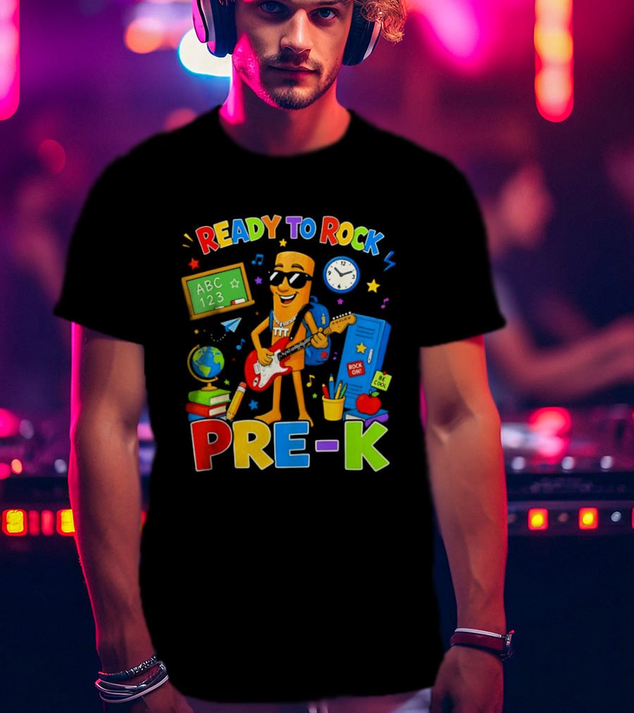 Ready To Rock Pre K Cartoon With Guitar And School Supplies T-Shirt