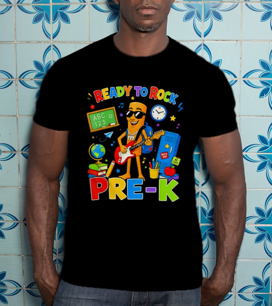 Ready To Rock Pre K Cartoon With Guitar And School Supplies T-Shirt