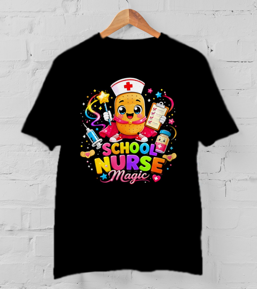 Magic School Nurse Potato Cartoon With Syringe And Pill T-Shirt